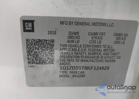 2019 Chevrolet Malibu Lt из США, поврежденный, VIN 1G1ZD5ST8KF124929